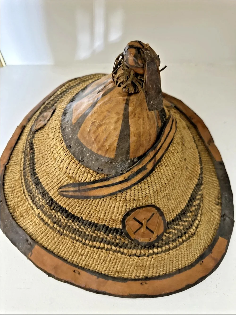 Vintage African Fulani Tribal Straw Hat Woven Wall Art Leather Trimmed on TopVin